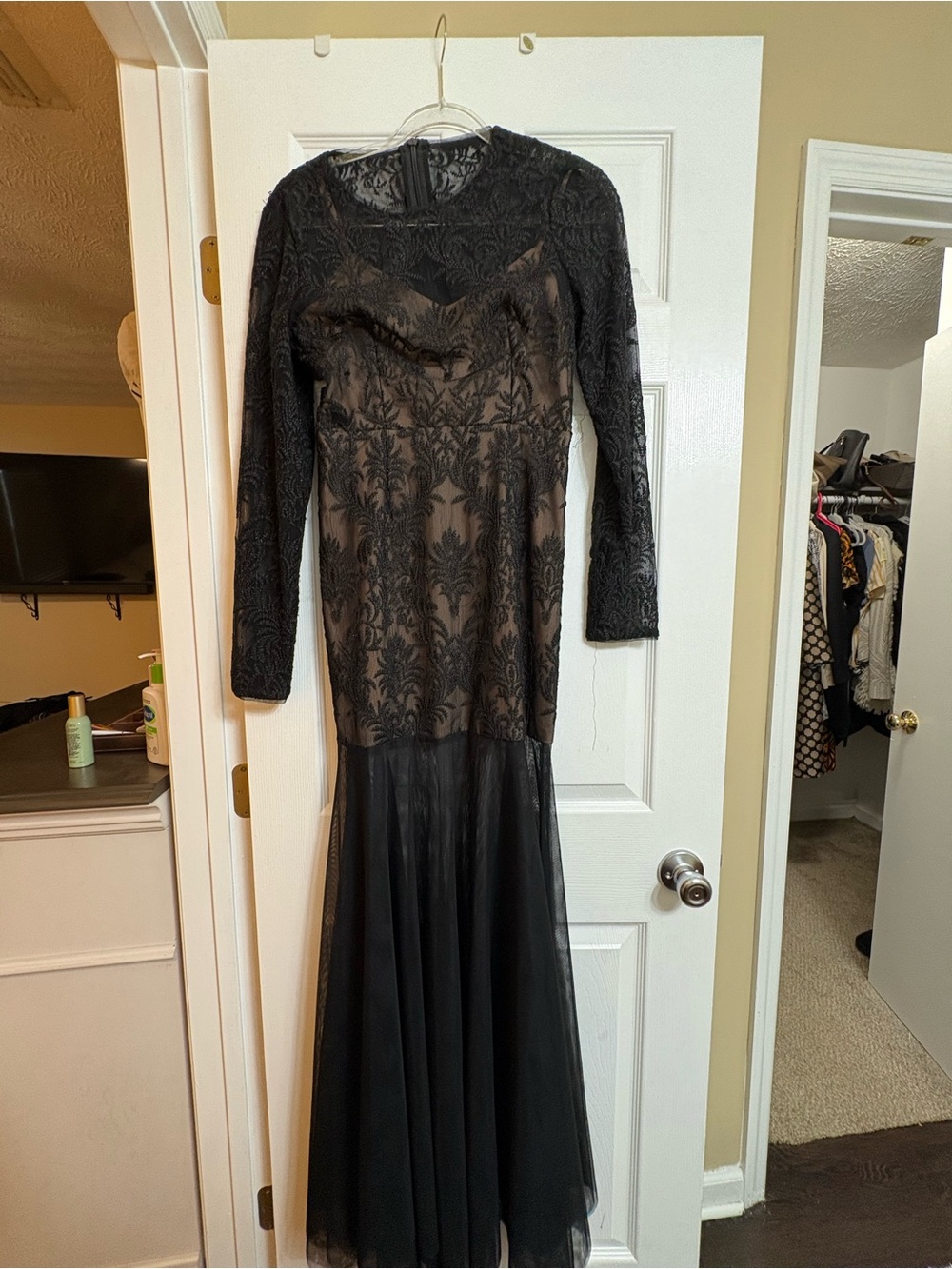 BCBGMaxAzria Black Lace Long-Sleeve Evening Gown